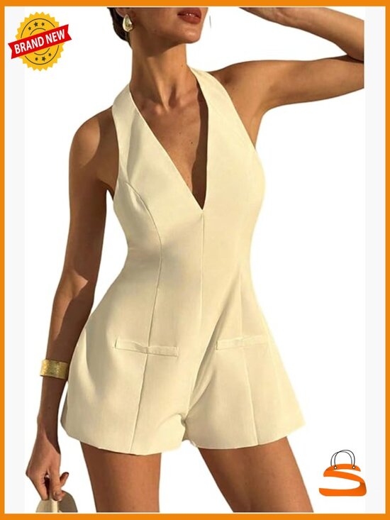 Pants - Backless Halter Jumpsuit Sleeveless Wide Leg Romper for Going Out